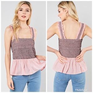 Do & Be Smocked Ruffled Strap Smocked Bodice Striped Peplum Tank Top Medium